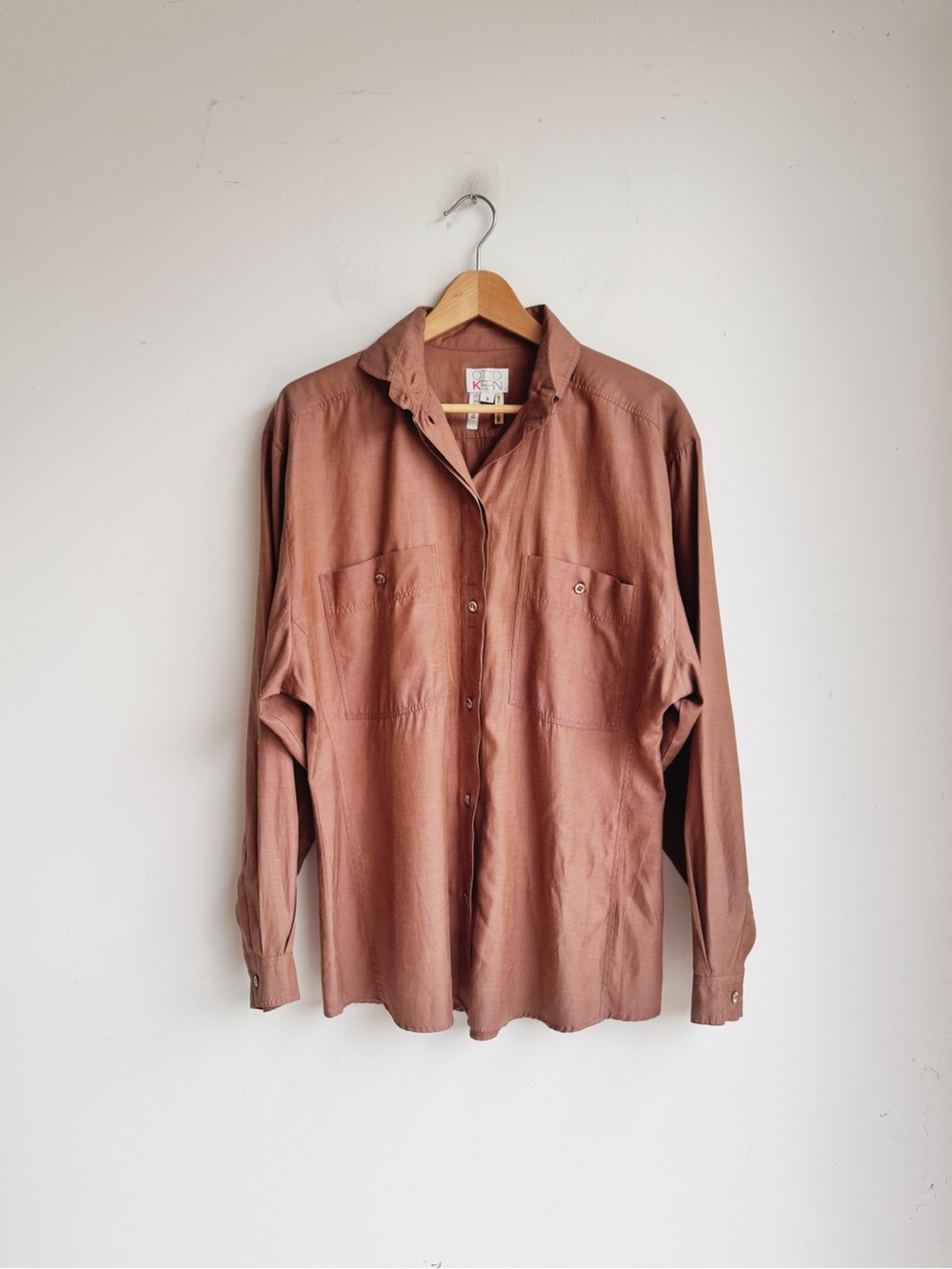 Vintage Otto Kern Silk Cotton Blend Taupe Hidden Placket Designer Blouse Large - Picture 8 of 9